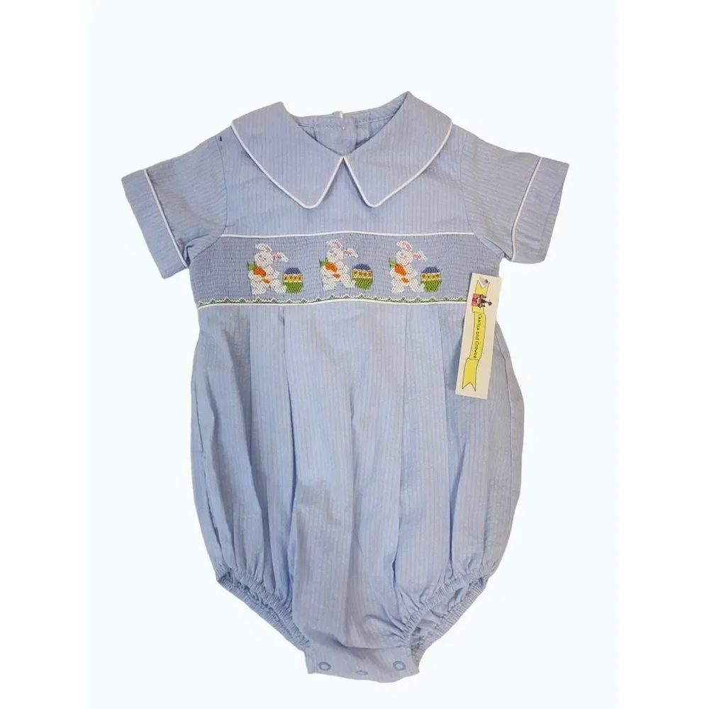 Blue Baby Bubble Romper with Easter Bunny Smocking